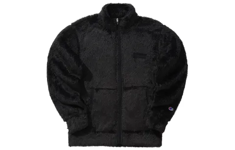Champion Basic Collection, Embroidery Logo Faux Sherpa Stand Collar Zippers Fleece Lined Velvet feel Coat Japan Version