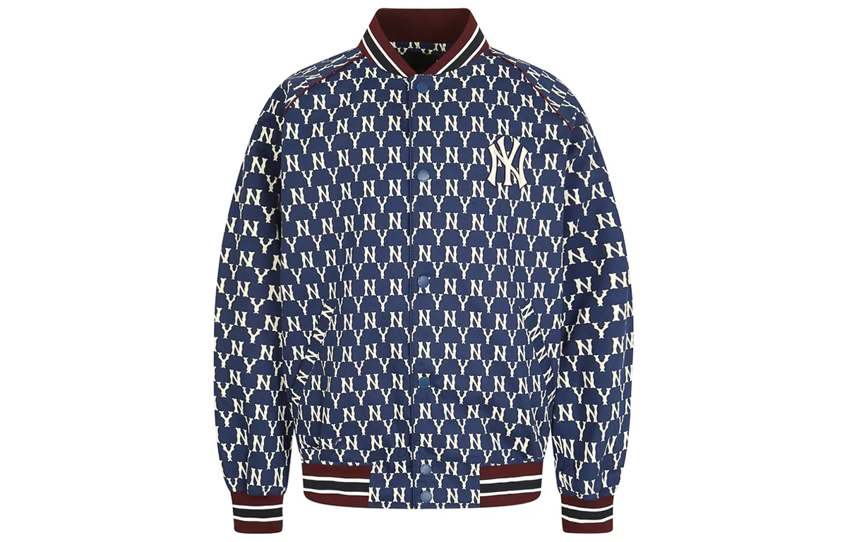 MLB Monogram Baseball Jackets Unisex Navy Blue Stand Collar Moderate Straight Fit