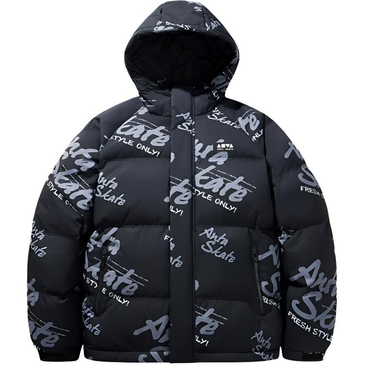 Anta Lifestyle Series Sports and Leisure Simple Solid Color Letter Loose Hooded Down Jacket Same Style for Men and Women Basic Black