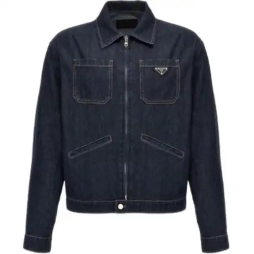 PRADA Denim Jackets Men's Blue Lapel Moderate Straight Fit