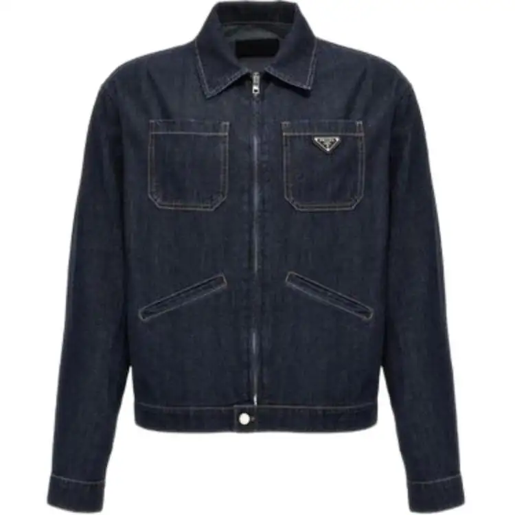 PRADA Denim Jackets Men's Blue Lapel Moderate Straight Fit