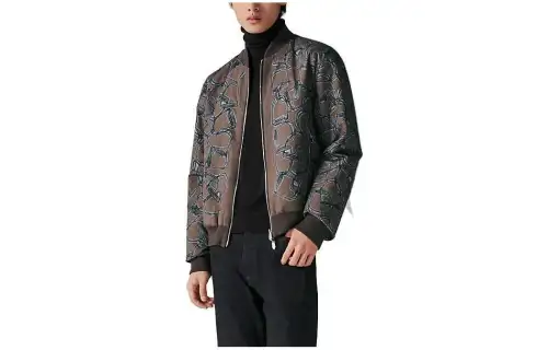 HERMES Jackets Men's Coffee Baseball Collar Moderate Reversible