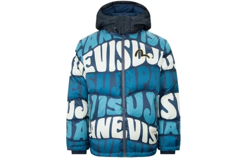 EVISU Down Jackets Men's Dark Blue All Over Detachable Hood Thickened Other