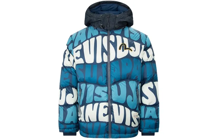 EVISU Down Jackets Men's Dark Blue All Over Detachable Hood Thickened Other