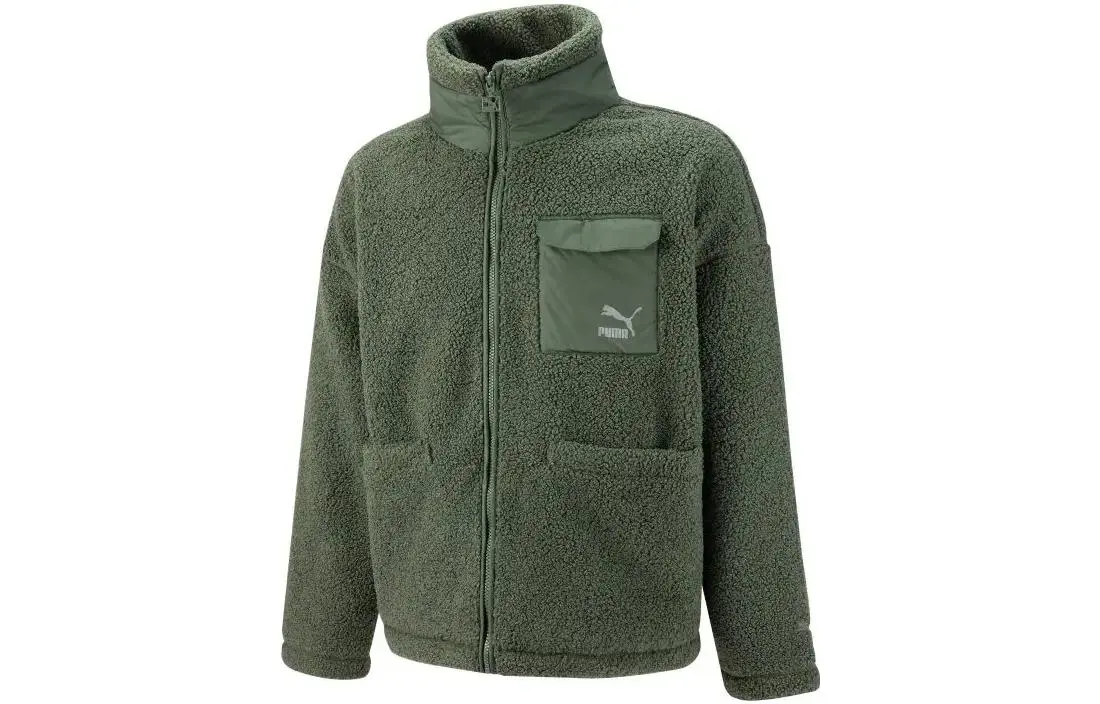 PUMA Velvet Jackets Unisex Green Stand Collar Moderate Straight Fit