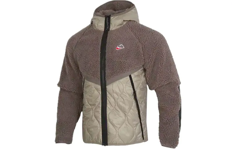 Nike Velvet Jackets Men's Camel Hooded Thickened And Fleece-Lined