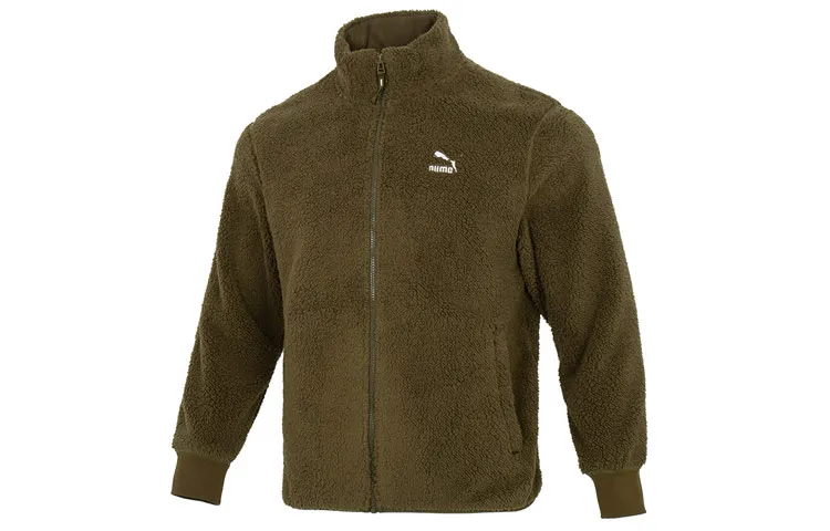 PUMA Solid Color Fleece Lined Logo Athleisure Stand Collar Sherpa Jacket Men's Army Green