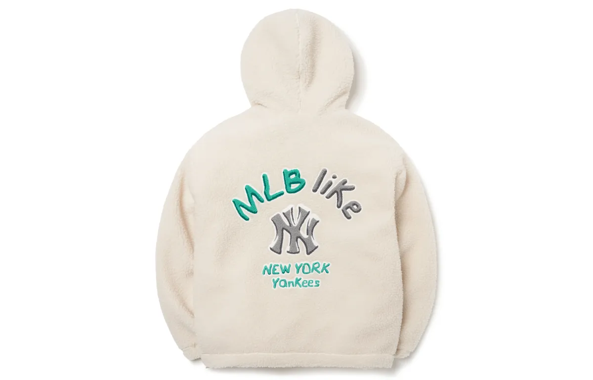 MLB New York Yankees Velvet Jackets Unisex Milk White Hooded Thickened And Fleece-Lined