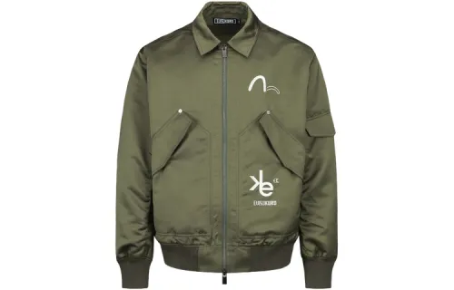 EVISU Jackets Men's Dark Army Green Baseball Collar Moderate Other