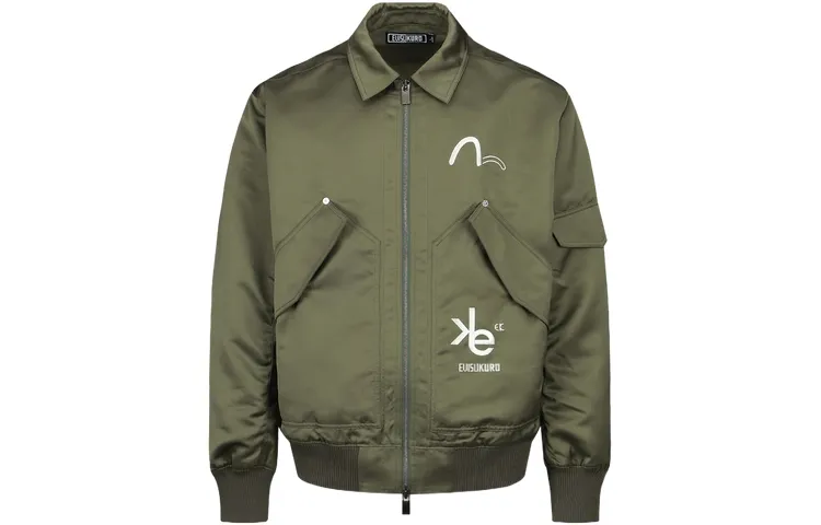 EVISU Jackets Men's Dark Army Green Baseball Collar Moderate Other