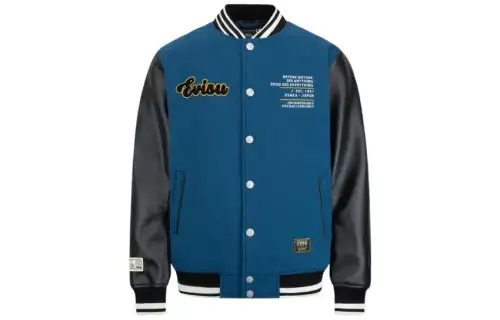 EVISU FW22 Buddha head embroidered striped trim single-breasted letter baseball jersey for men