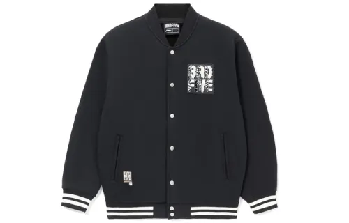 Li Ning Badfive Embroidery Logo Loose Fit Fleece Lined Knitted Fabric Baseball Jacket Men's Black