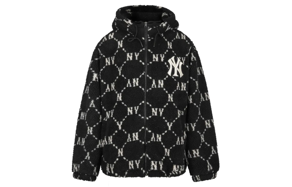 MLB Monogram Velvet Jackets Unisex Black Hooded Thickened And Fleece-Lined