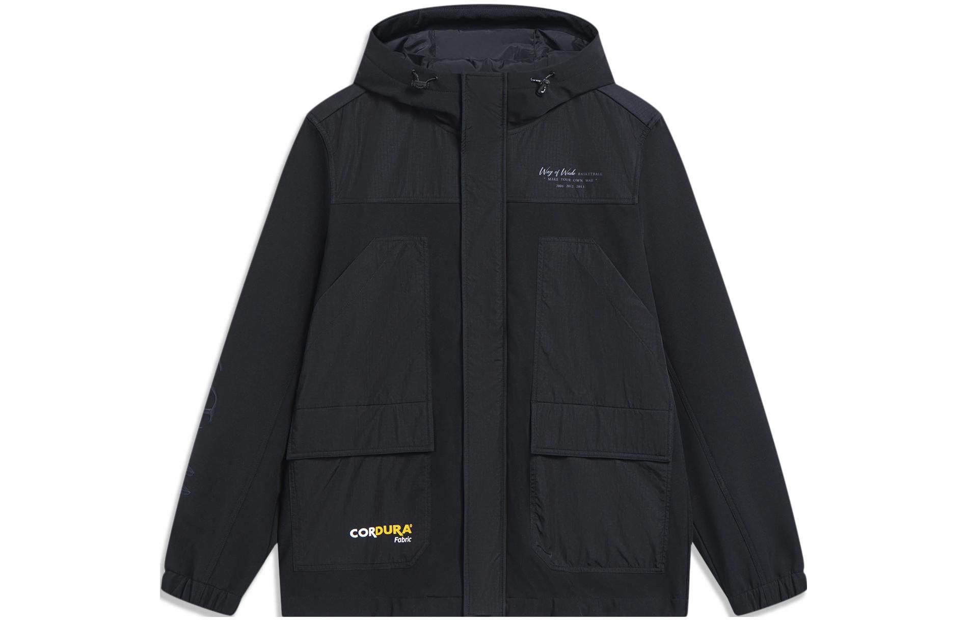 Li Ning, velvet keep warm water repellent long-sleeve with hood, black jacket, oversize