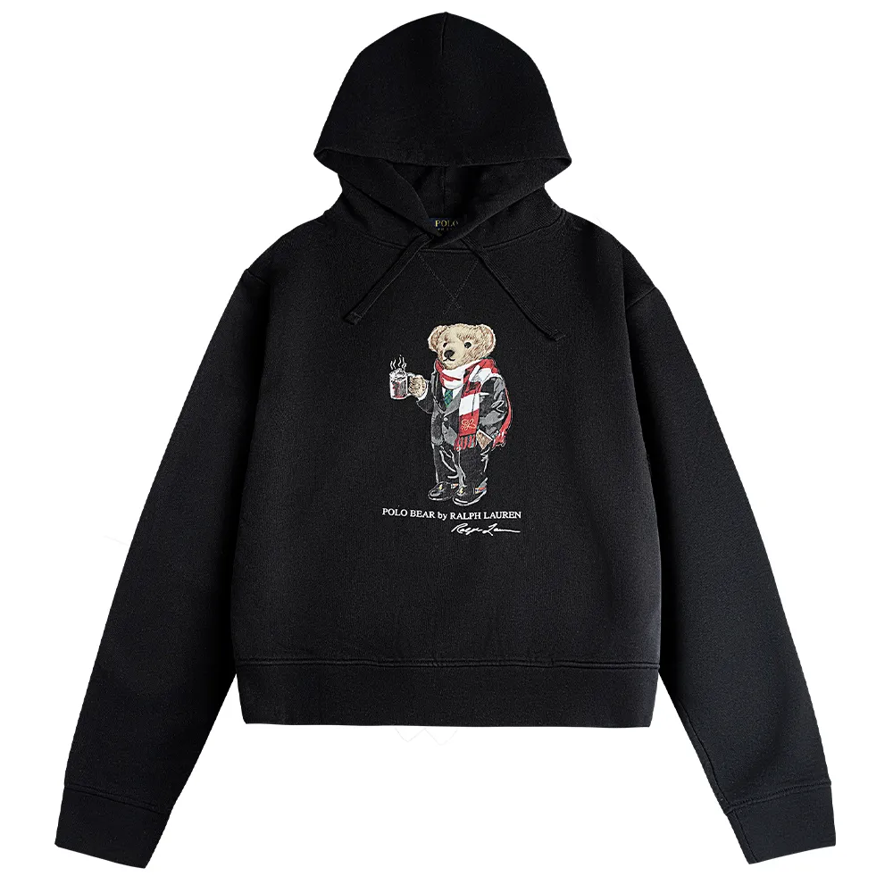 Polo Ralph Lauren FW23 Bear Pattern Hooded Fleece Lined Long Sleeved Sweatshirt Men's Black
