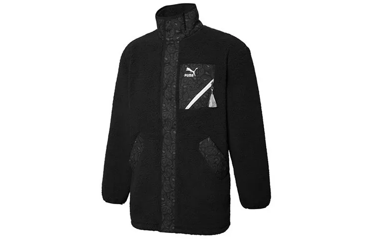 PUMA RUN EVOLVE Velvet Jackets Unisex Black Stand Collar Thickened And Fleece-Lined