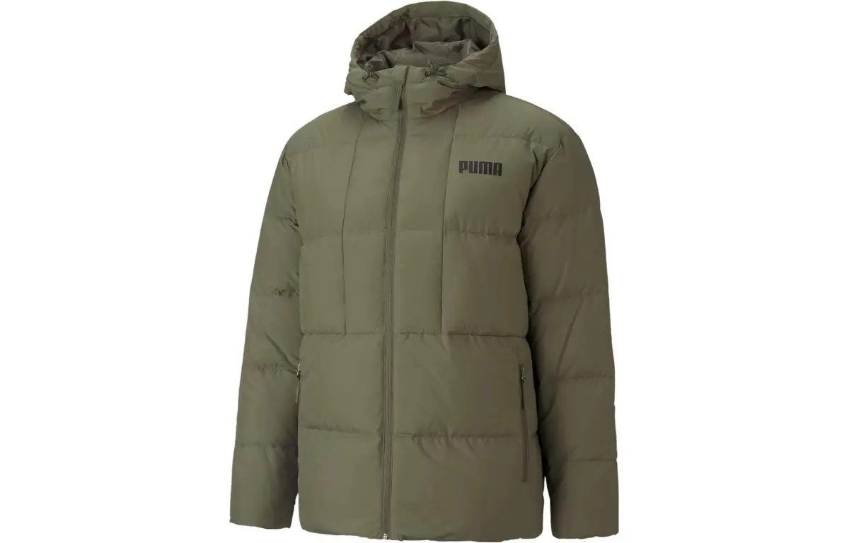 PUMA Down Jackets Men's Green Hooded Moderate Quilted Down Jacket
