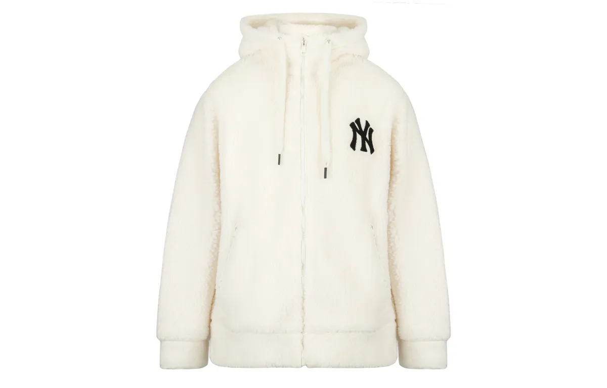 MLB New York Yankees Logo Pattern Fleece Lined Hooded Sherpa Long Sleeved Zippers Jacket Unisex Cream