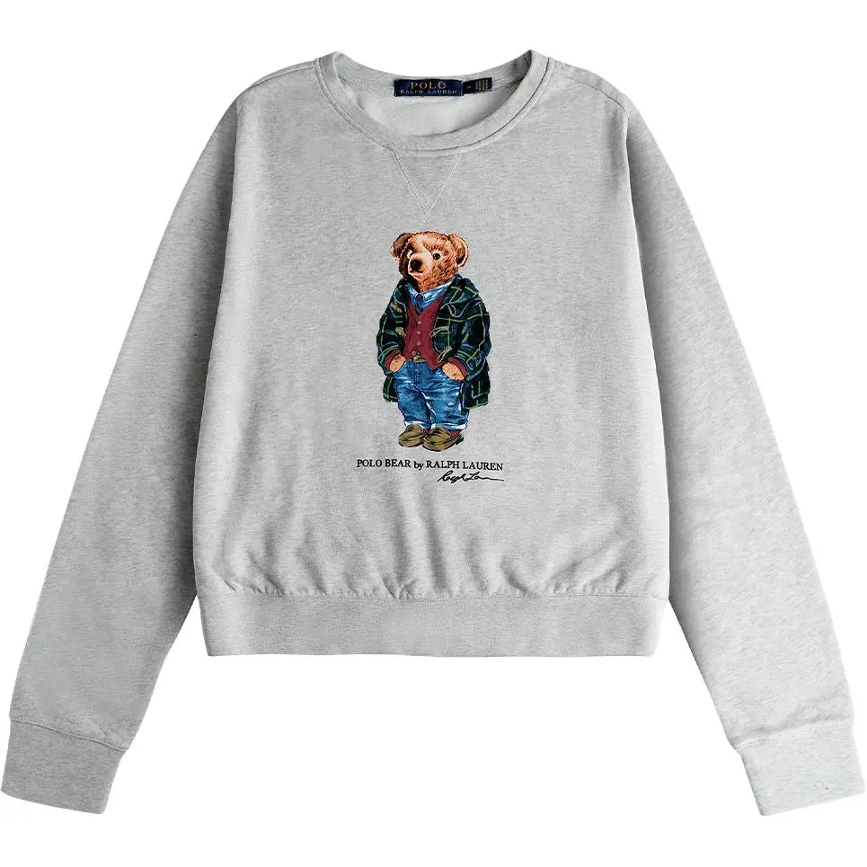 Polo Ralph Lauren FW23 Bear Pattern Signature Crew Neck Long Sleeved Fleece Lined Sweatshirt Men's Gray