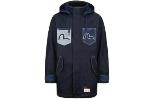 EVISU Coats Men's Denim Blue Hooded Moderate Straight Fit