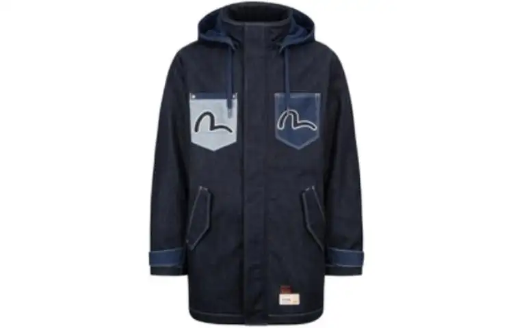 EVISU Coats Men's Denim Blue Hooded Moderate Straight Fit