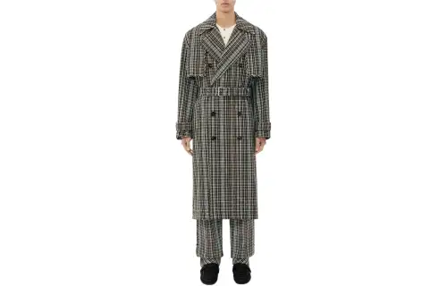 Bottega Veneta Cotton Check Trench Coat Men's Black Brown