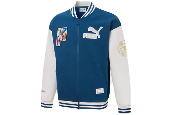 PUMA Mix Badge Bomber Jac Baseball Jackets Unisex Blue Baseball Collar Moderate Straight Fit