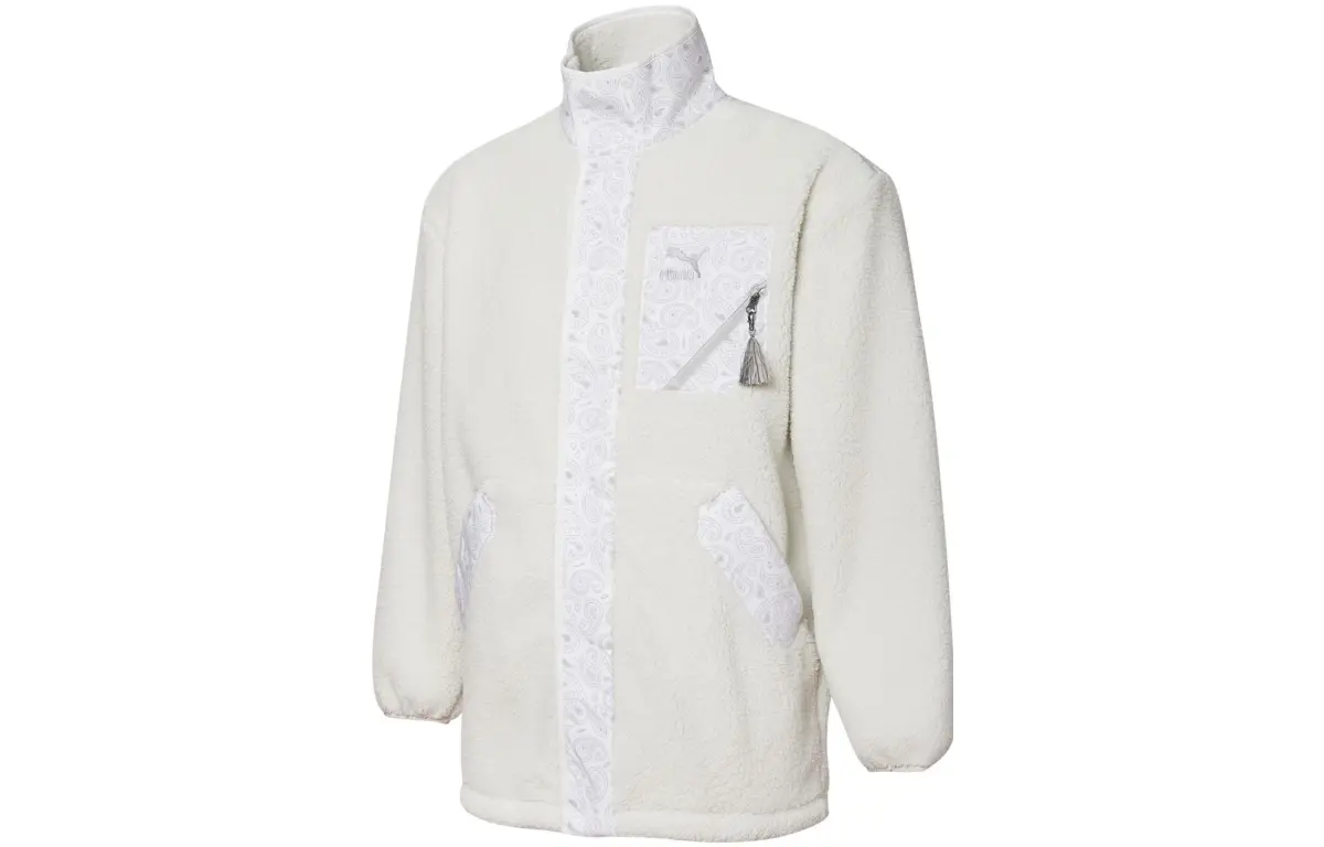 PUMA Paisley Patchwork Pocket Faux Sherpa Fleece Stand Collar Jacket Winter Velvet feel Coat Unisex Ecru
