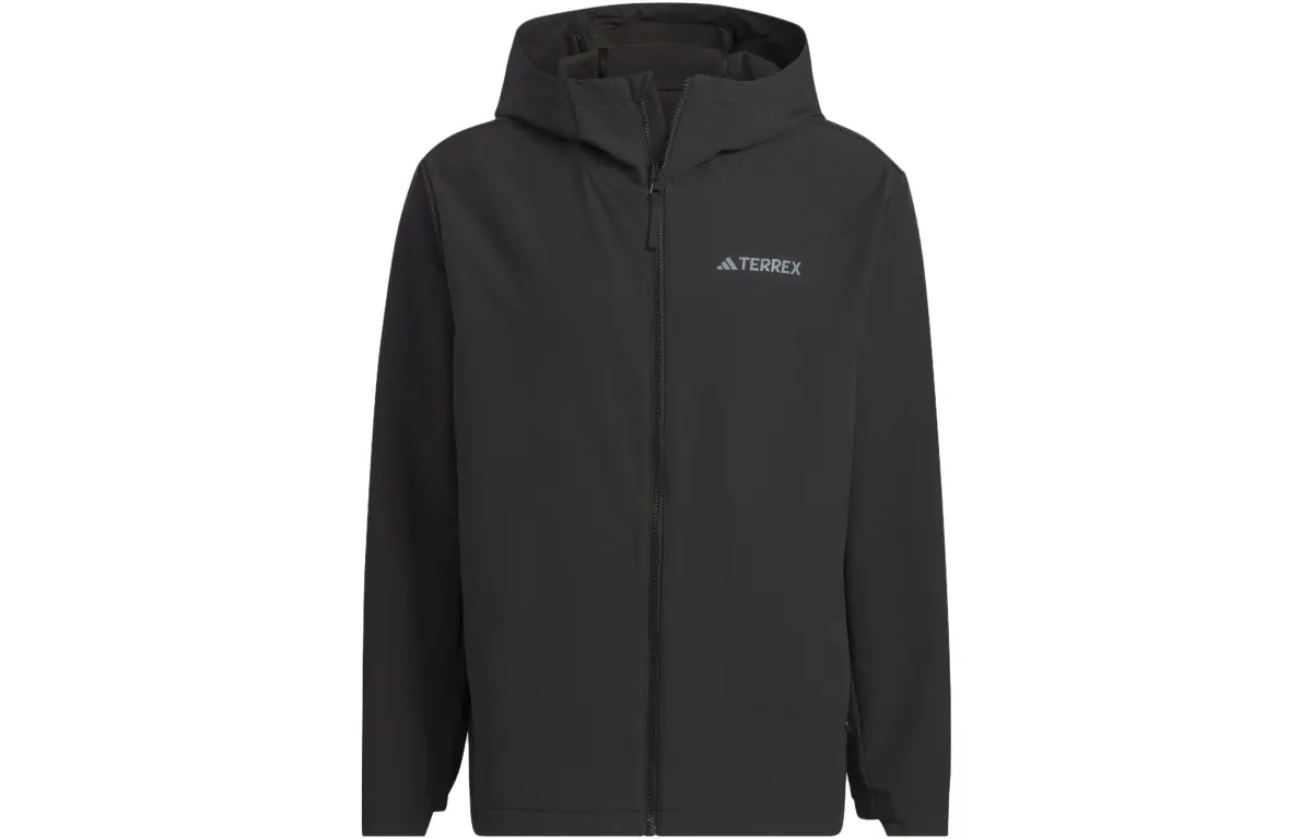 Adidas Solid Color Logo Label Outdoor Fleece Lined Sports Hooded Softshell Jacket Men's Black