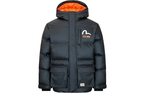 EVISU Down Jackets Men's Black Hooded Moderate Quilted Down Jacket