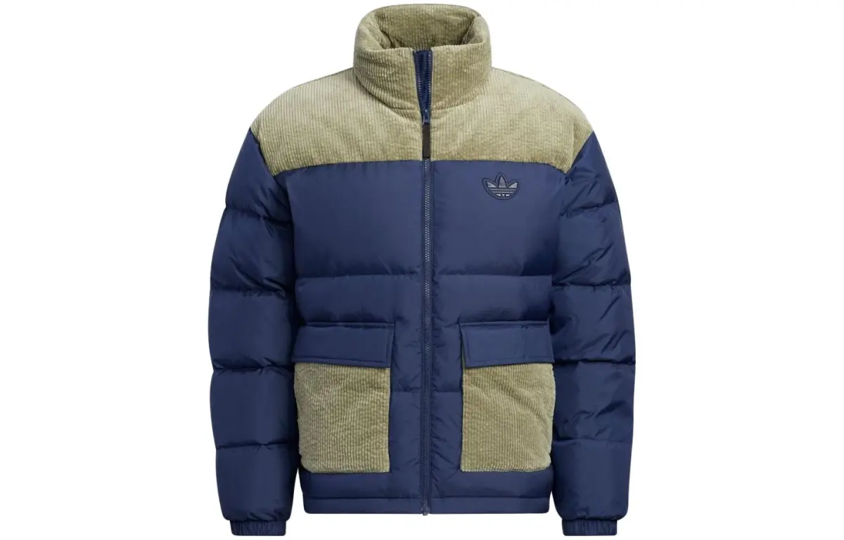 Adidas Originals Down Jackets Men's Beige Blue Stand Collar Moderate Straight Fit