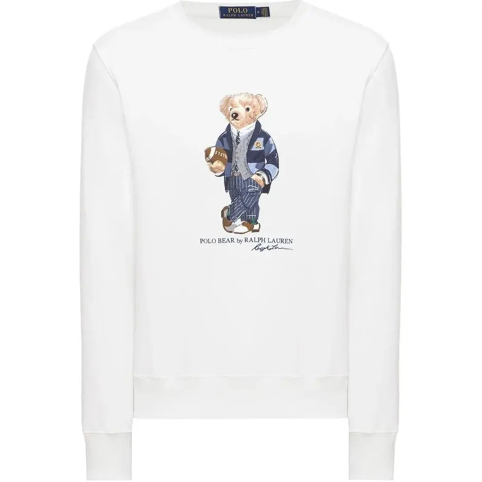 Polo Ralph Lauren FW23 Solid Color Rugby Bear Pattern Crew Neck Long Sleeved Fleece Lined Sweatshirt Men's White