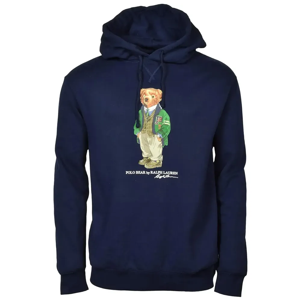 Polo Ralph Lauren SS23 Bear Pattern Fleece Lined Hooded Long Sleeved Sweatshirt Men's Marine Blue