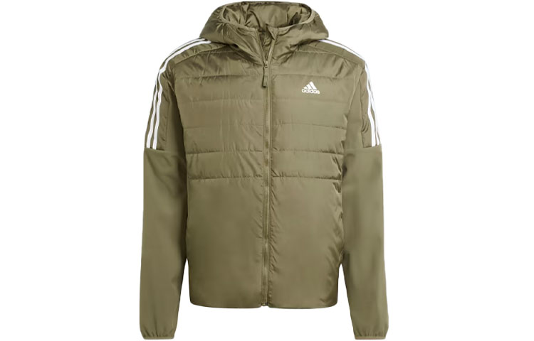 Adidas Essential Puffer Jackets Men's Olive Green Hooded Moderate Puffer Jacket