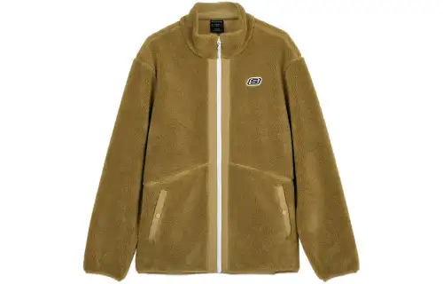 Skechers Letter Embroidery Stand Collar Knitted Fabric Thermal Fleece Lined Sports Velvet feel Coat Men's Kelp Brown