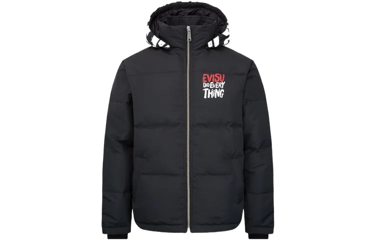 EVISU Down Jackets Men's Black Hooded Moderate Down Jacket