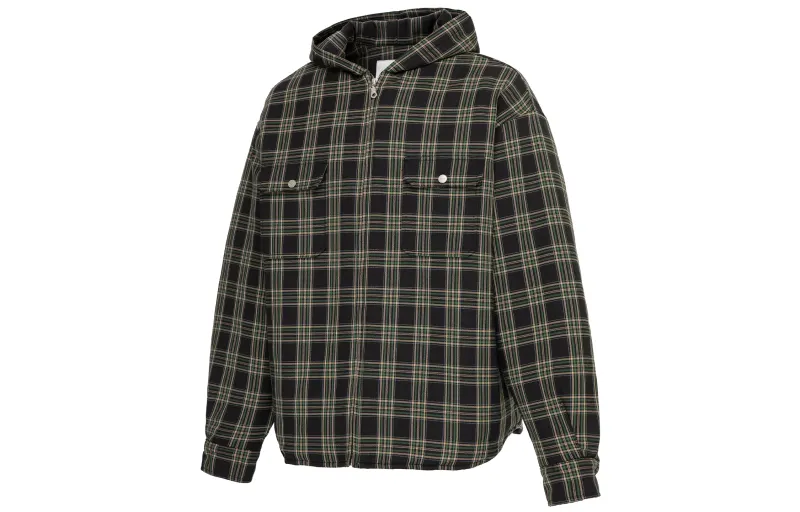 FIRE 2 COLD EGO Puffer Jackets Unisex Green Plaid Hooded Thickened Puffer Shirt Jacket