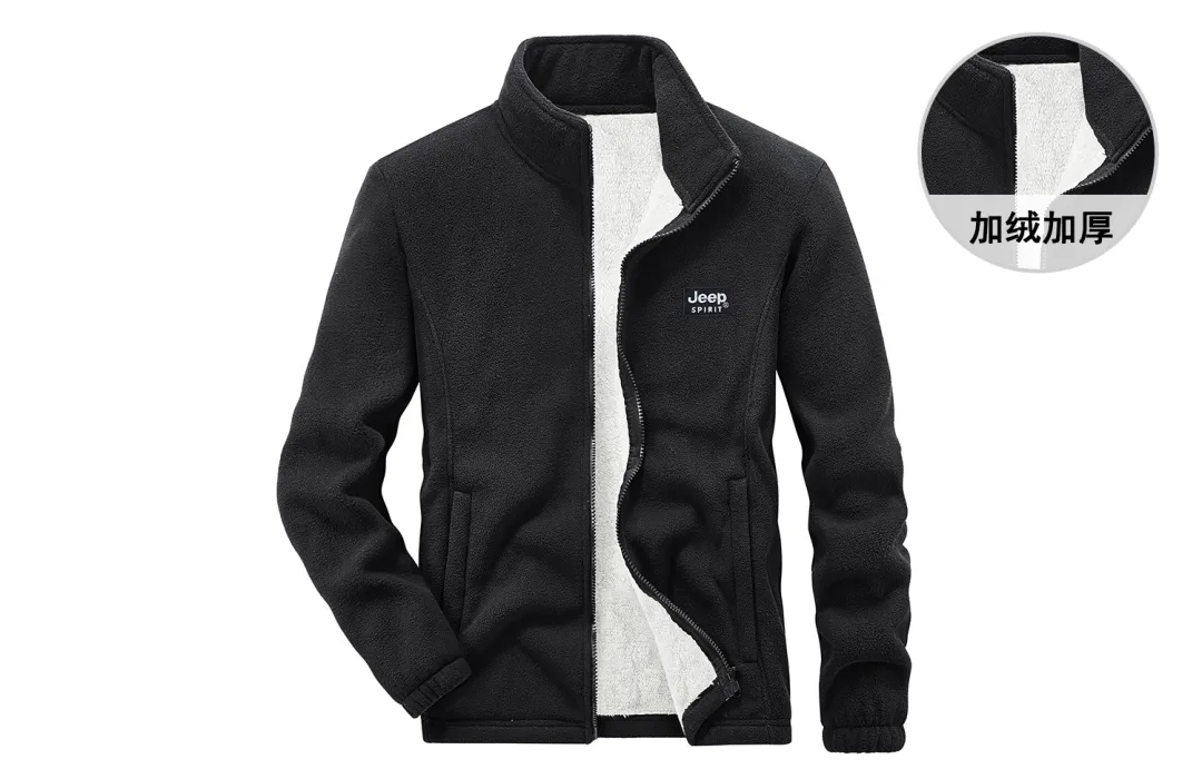 JEEP SPIRIT Solid Color Letter Logo Stand Collar Fleece Thickened And Fleece Lined Casual Velvet feel Coat Men's