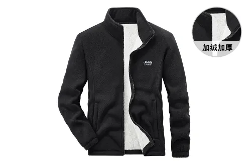 JEEP SPIRIT Solid Color Letter Logo Stand Collar Fleece Thickened And Fleece Lined Casual Velvet feel Coat Men's