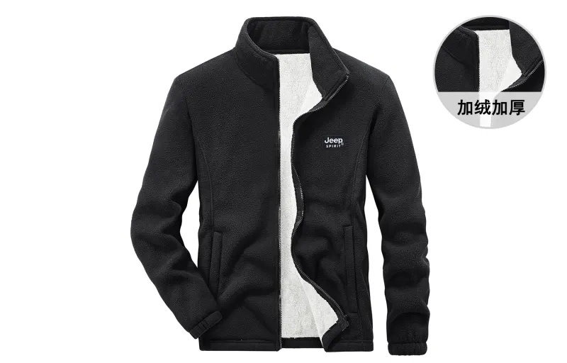 JEEP SPIRIT Solid Color Letter Logo Stand Collar Fleece Thickened And Fleece Lined Casual Velvet feel Coat Men's