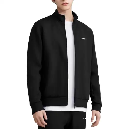 Li Ning Solid Color Zipper Stand Collar Comfortable And Breathable Fleece Lined Thermal Jackets & Coats Men's Black