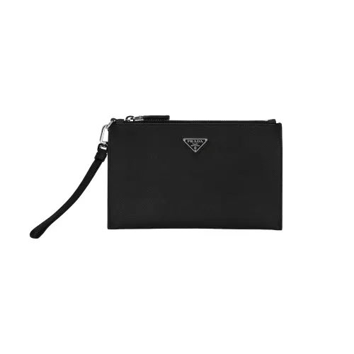 PRADA Zip Closure Cow Leather Clutch Small Men's Black