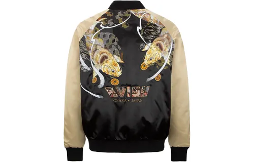 EVISU Baseball Jerseys Men's Black Baseball Collar Moderate Straight Fit