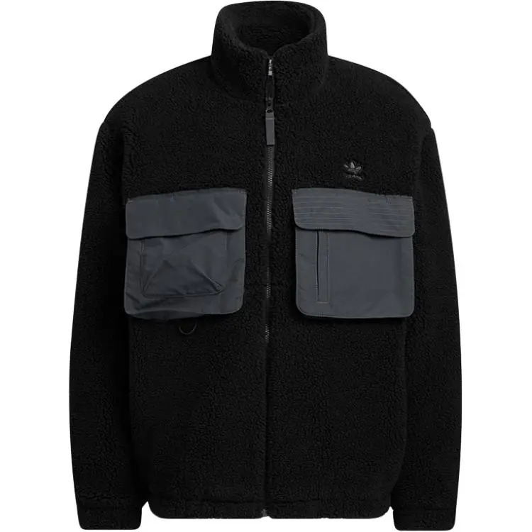 Adidas Originals Velvet Jackets Men's Black Stand Collar Moderate Straight Fit