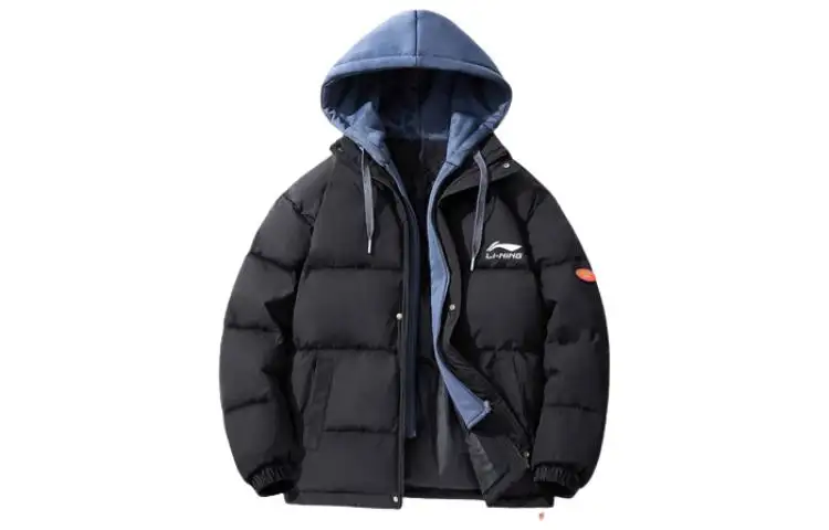 Li Ning Puffer Jackets Unisex Black Hooded Thickened Hard Shell
