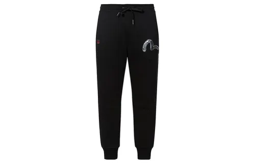 EVISU Fleece Lined Embroidered Small Logo Pattern Sports Straight Fit Pants Casual Pants Men's Black