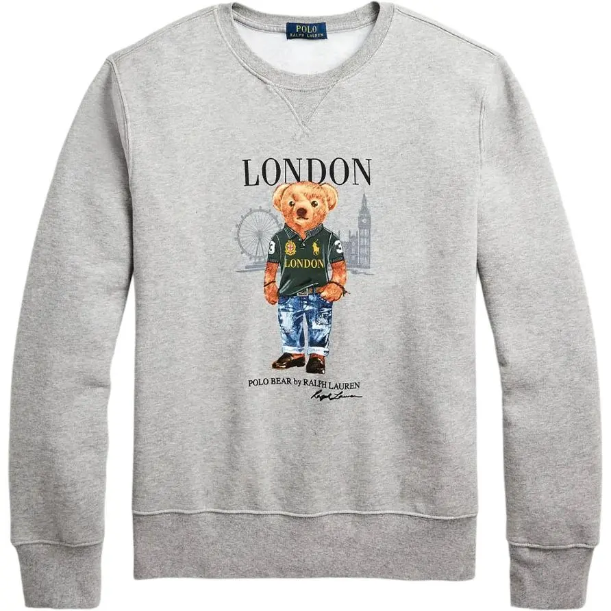 Polo Ralph Lauren FW23 Solid Color Bear City Pattern Crew Neck Fleece Lined Long Sleeved Pullover Sweatshirt Men's Gray