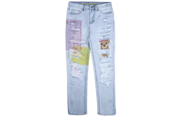 Drew house Bear Series Jeans Unisex Bleached Indigo Moderate Ripped Pants