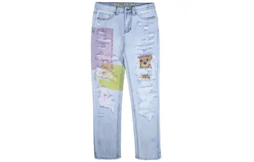 Drew house Bear Series Jeans Unisex Bleached Indigo Moderate Ripped Pants