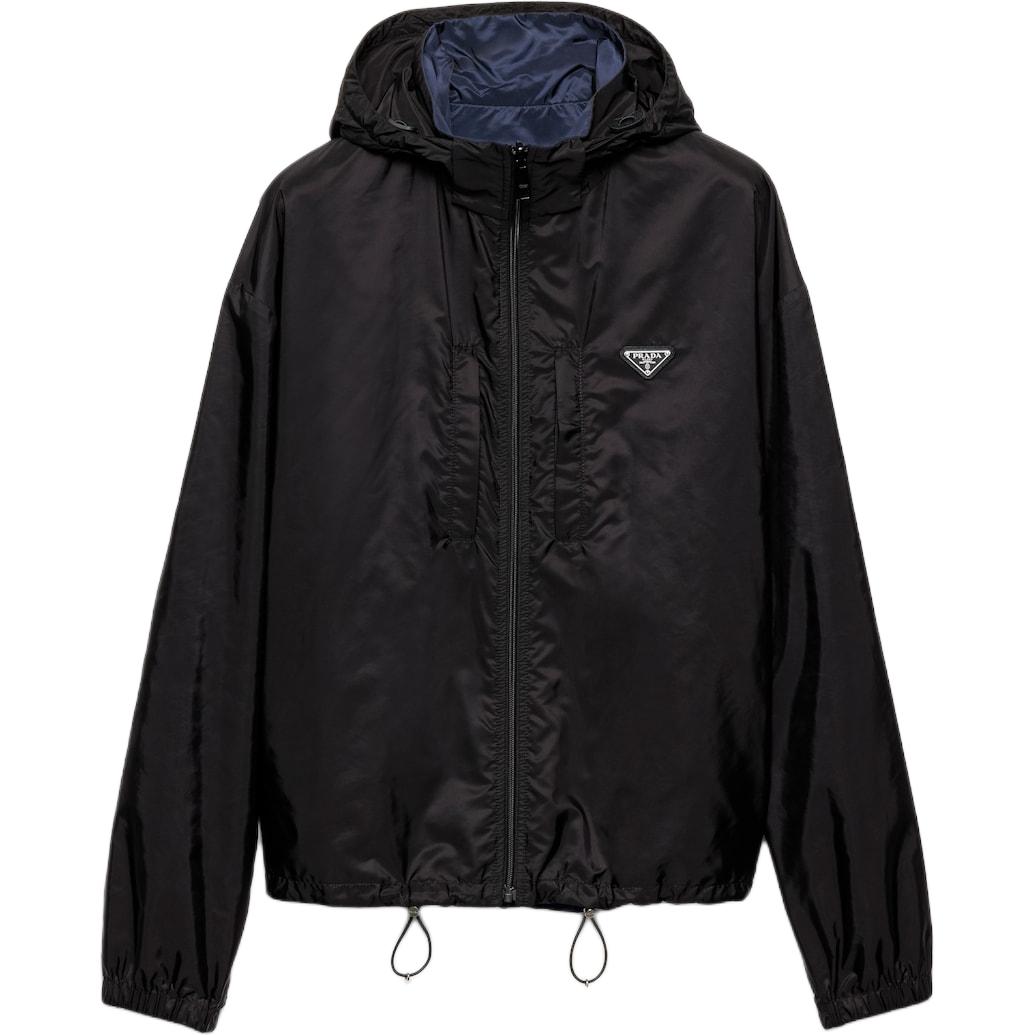 PRADA Prada, regenerated nylon double-sided black jacket with hood, with your logo imprint, loose straight fit